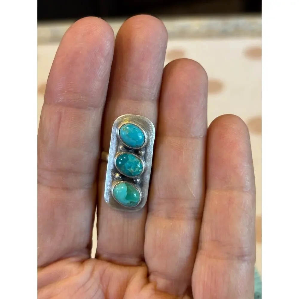 Three Stone Turquoise Sterling Silver Ring | Long Southwestern Statement Ring